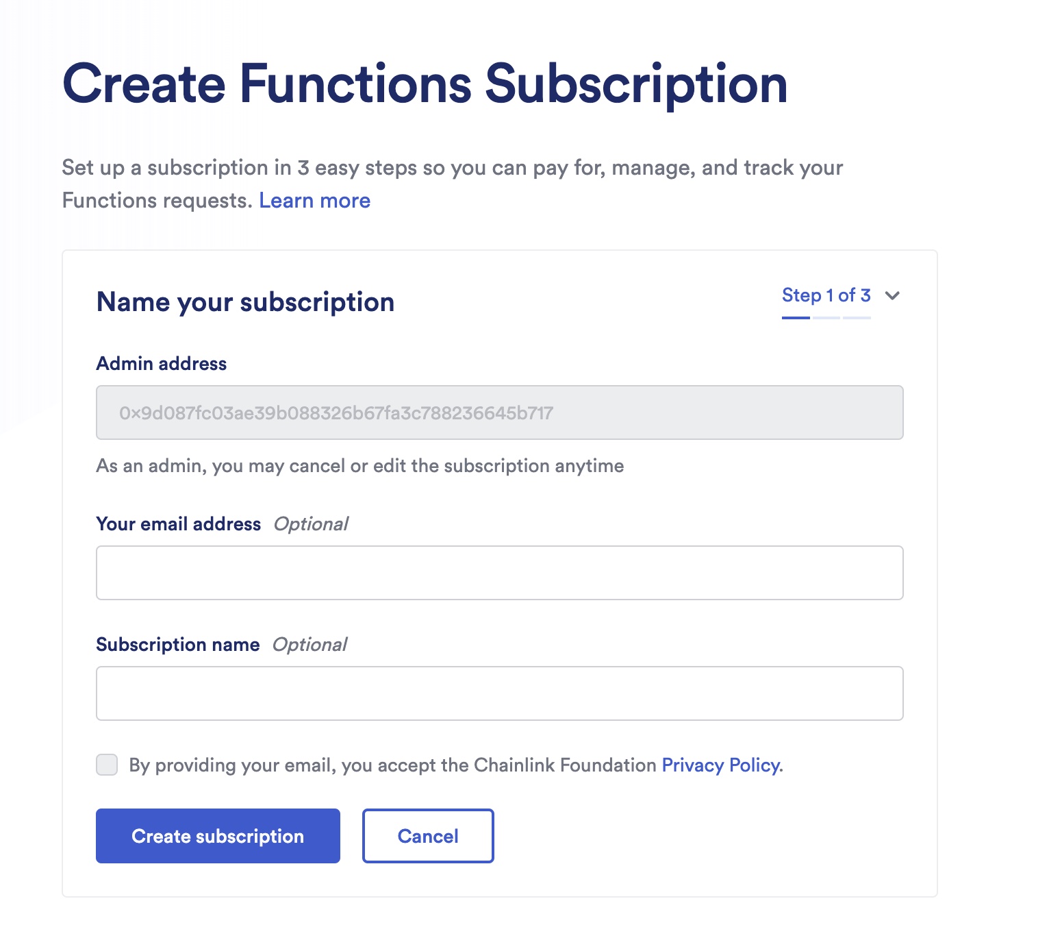 Chainlink Functions create subscription