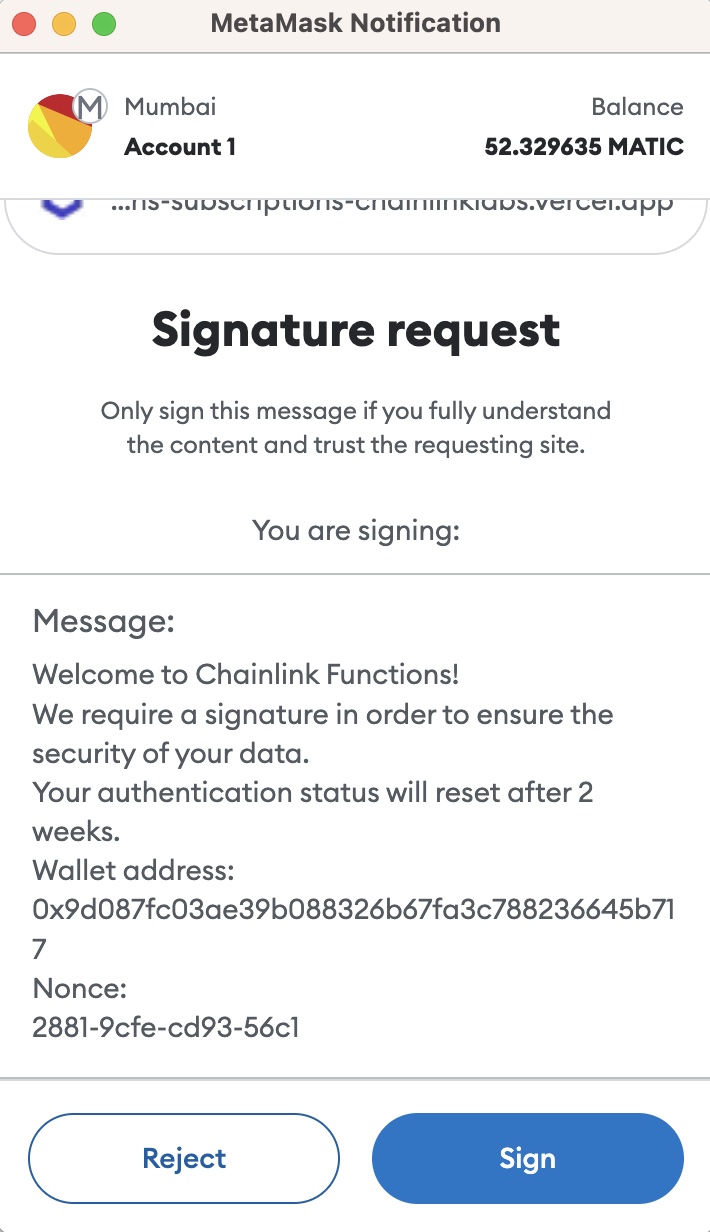 Chainlink Functions sign message ToS Metamask