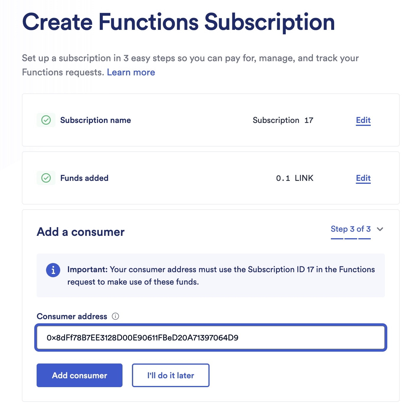 Chainlink Functions subscription add consumer