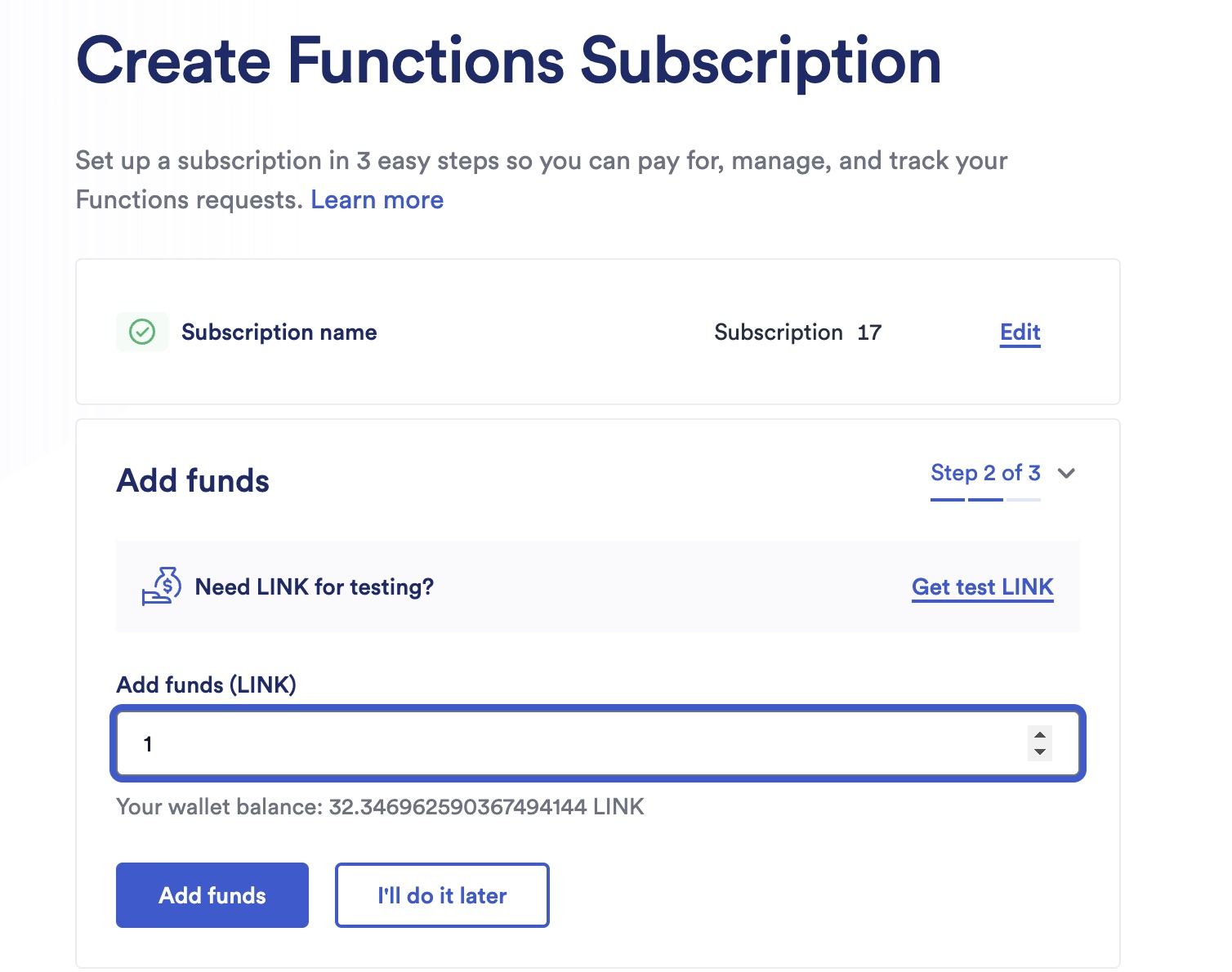 Chainlink Functions subscription add funds